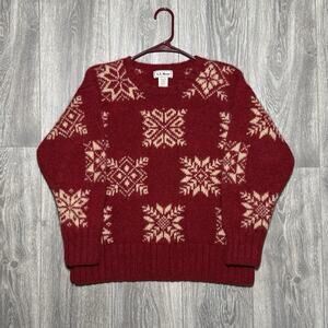 Vtg LL Bean Sweater Womens L Red Holiday Wool Ski Snowflake Fair Isle ODF66
